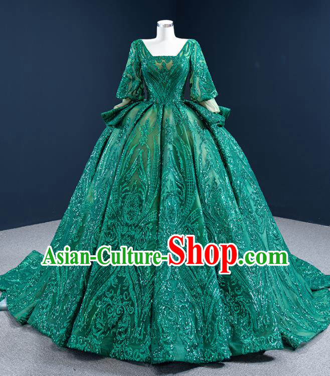 Custom Ceremony Compere Clothing Luxury Embroidery Green Sequins Wedding Dress Vintage Formal Garment Bride Full Dress Catwalks Princess Costume
