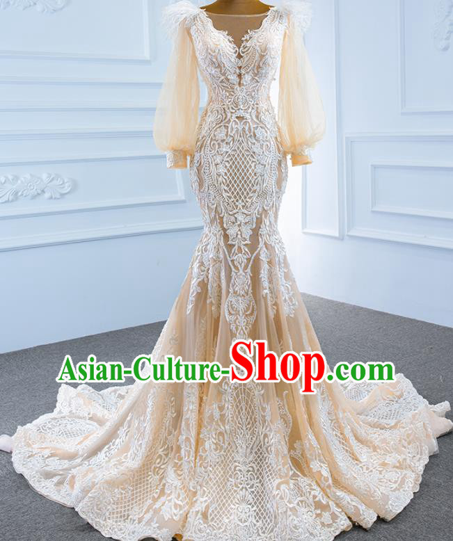 Custom Luxury Trailing Formal Garment Embroidery Lace Full Dress Catwalks Princess Costume Ceremony Bride Clothing Vintage Champagne Wedding Dress
