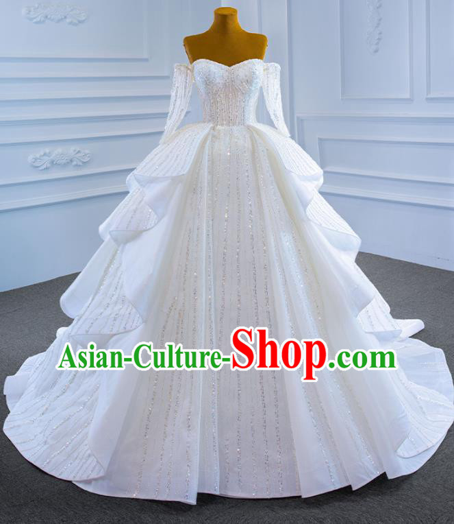 Custom Compere Embroidery Sequins Garment Marriage Bride White Trailing Full Dress Catwalks Formal Costume Ceremony Vintage Clothing Luxury Wedding Dress
