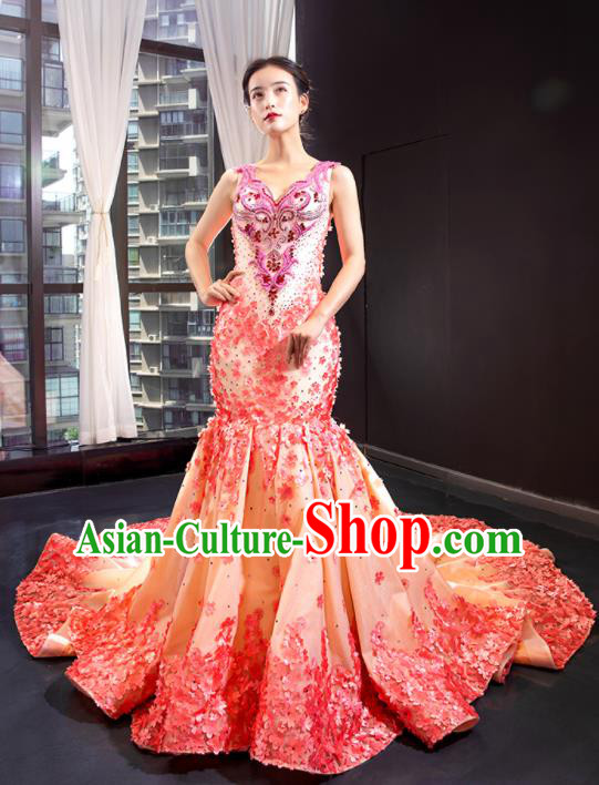 Custom Luxury Apricot Trailing Wedding Dress Compere Formal Garment Court Fishtail Full Dress European Princess Costume Vintage Bride Clothing