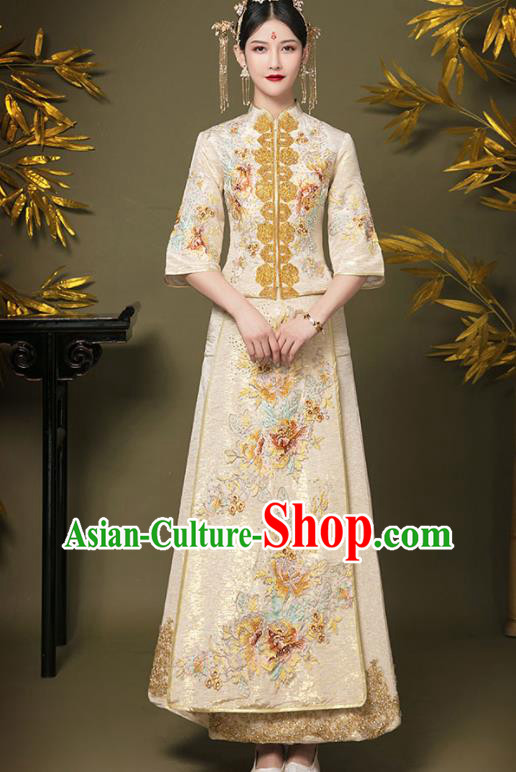 China Embroidery Bottom Drawer Clothing Wedding Garment Costumes Bride Beige Dress Outfits Traditional Xiuhe Suits
