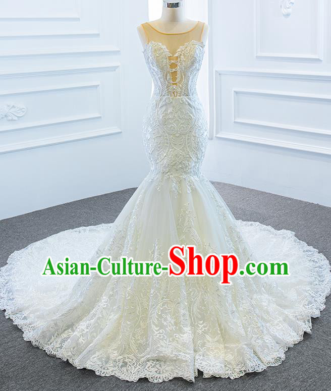 Custom European Princess Costume Bride Clothing Luxury White Lace Wedding Dress Compere Formal Garment Court Vintage Trailing Full Dress