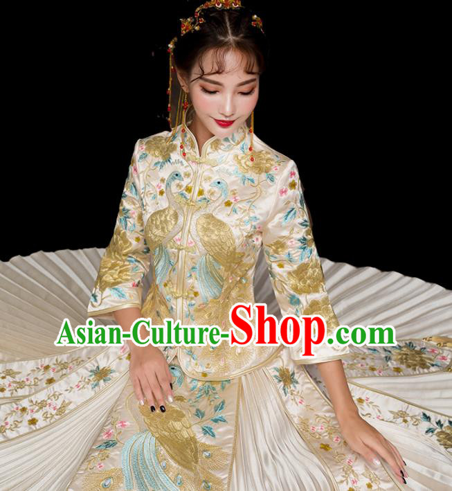 China Ancient Bride Attire Clothing Wedding Garment Costumes Champagne Dress Outfits Traditional Embroidery Xiuhe Suits