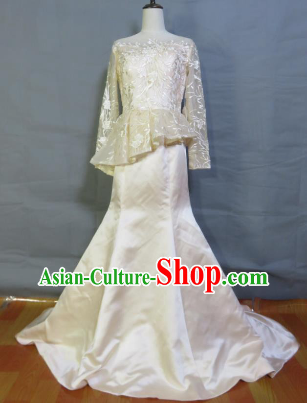 Custom Photography Clothing Beige Satin Wedding Dress Modern Dance Fashion Costume Bride Trailing Full Dress