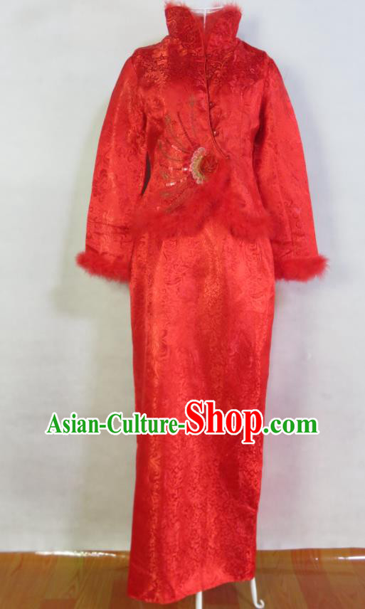 China Classical Red Cheongsam Traditional Marriage Xiuhe Suits Ancient Bride Winter Toasting Dress Clothing Wedding Garment Costumes