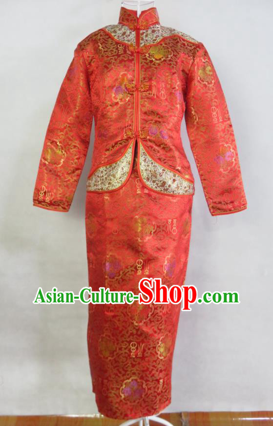 China Ancient Toasting Clothing Bride Dress Traditional Wedding Garment Costumes Classical Cheongsam Red Brocade Xiuhe Suits