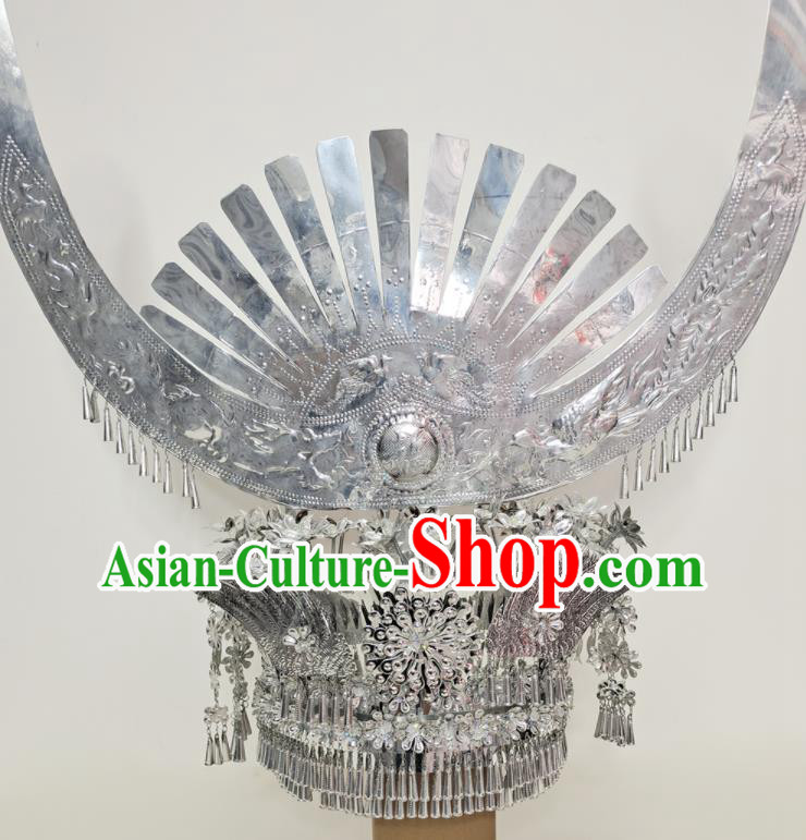 Chinese Dong Minority Woman Silver Headpieces Ethnic Wedding Headwear Miao Nationality Bride Hat