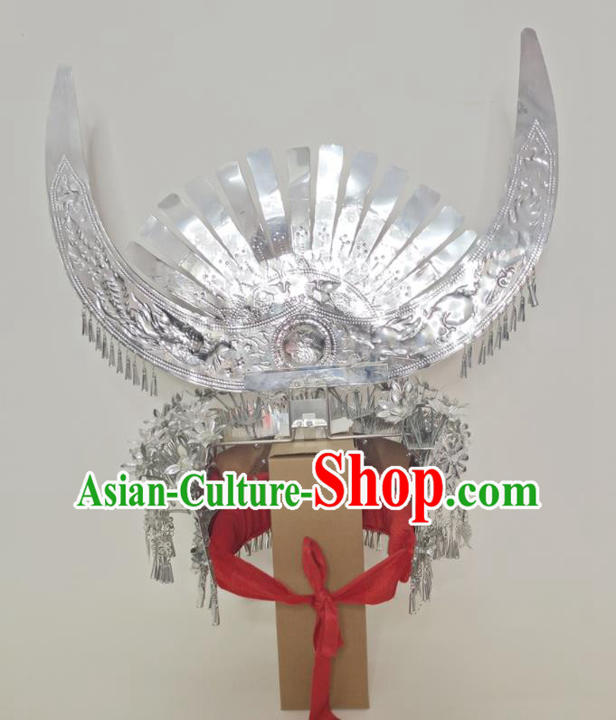 Chinese Dong Minority Woman Silver Headpieces Ethnic Wedding Headwear Miao Nationality Bride Hat