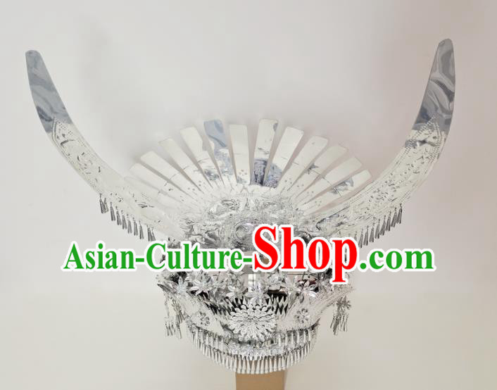 Chinese Dong Minority Woman Silver Headpieces Ethnic Wedding Headwear Miao Nationality Bride Hat
