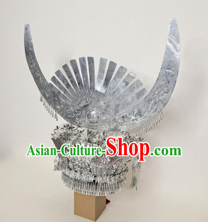 Chinese Dong Minority Woman Silver Headpieces Ethnic Wedding Headwear Miao Nationality Bride Hat