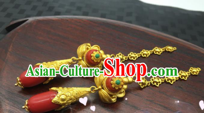 Chinese Classical Dance Ear Accessories Traditional Tibetan Nationality Golden Earrings Zang Minority Wedding Ear Jewelry