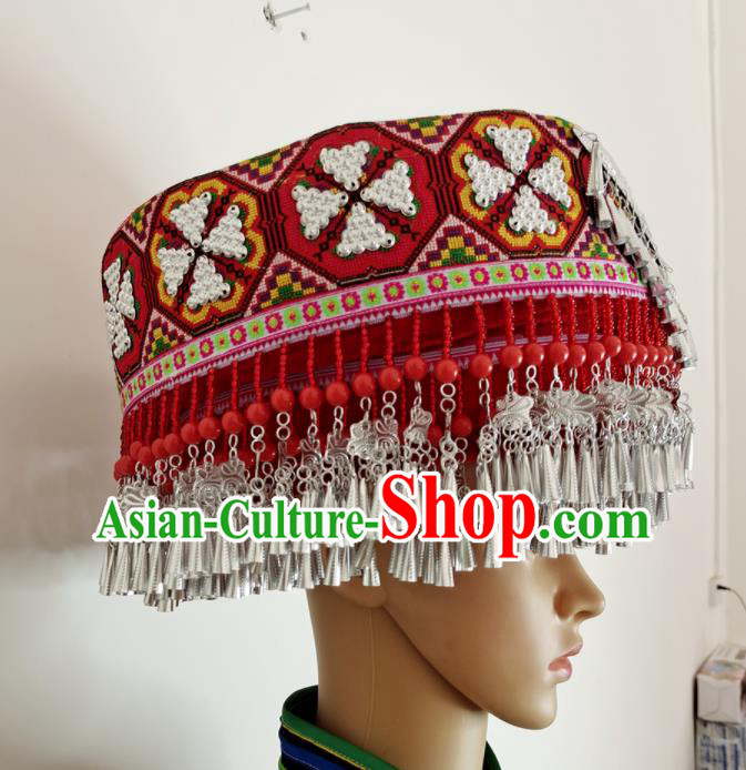 Chinese Yao Nationality Stage Performance Red Hat Tujia Minority Woman Wedding Headdress Yunnan Ethnic Bride Headwear