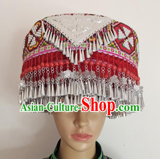 Chinese Yao Nationality Stage Performance Red Hat Tujia Minority Woman Wedding Headdress Yunnan Ethnic Bride Headwear