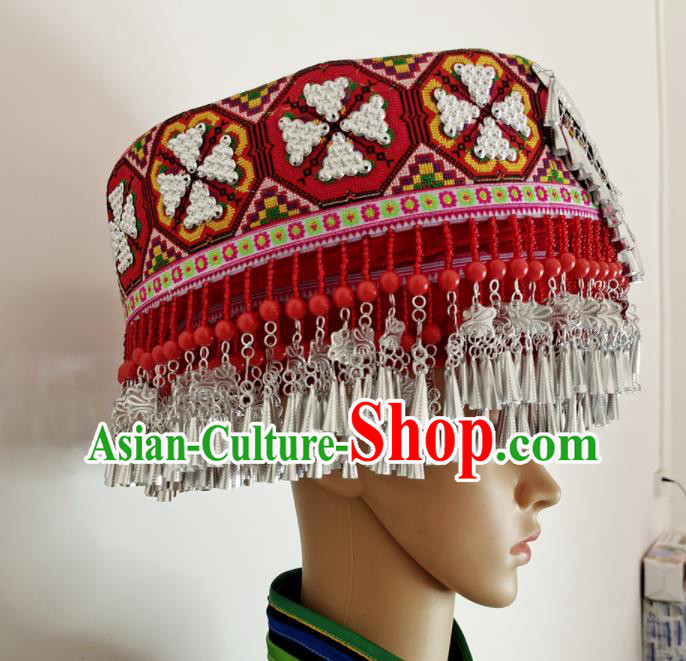 Chinese Yao Nationality Stage Performance Red Hat Tujia Minority Woman Wedding Headdress Yunnan Ethnic Bride Headwear