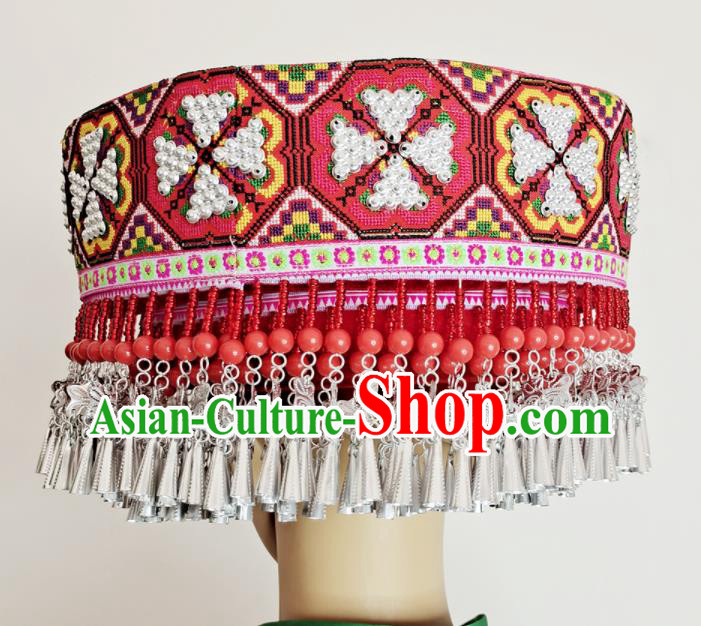 Chinese Yao Nationality Stage Performance Red Hat Tujia Minority Woman Wedding Headdress Yunnan Ethnic Bride Headwear