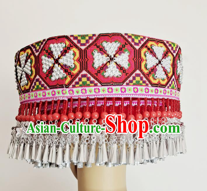 Chinese Yao Nationality Stage Performance Red Hat Tujia Minority Woman Wedding Headdress Yunnan Ethnic Bride Headwear