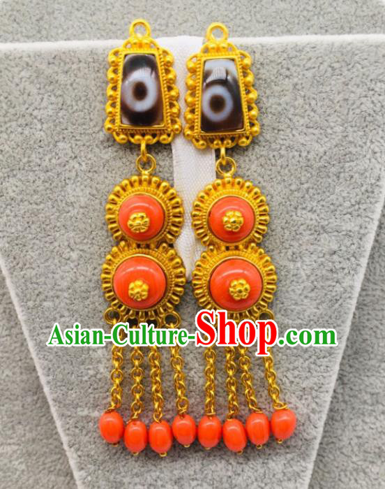 Chinese Zang Minority Festival Ear Jewelry Classical Dance Ear Accessories Traditional Tibetan Nationality Beads Tassel Earrings