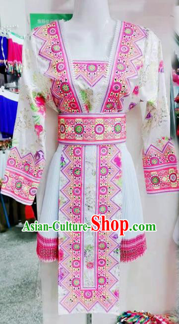 China Photography Clothing Hmong Ethnic Dance White Dress Outfits Traditional Yunnan Minority Folk Dance Garment Costumes Miao Nationality Woman Clothing