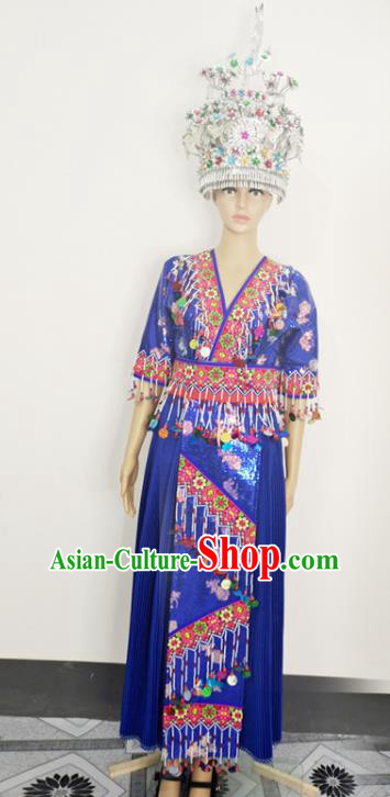 China Traditional Yunnan Minority Bride Garments Miao Nationality Wedding Costume Photography Clothing Hmong Ethnic Dance Blue Dress Outfits