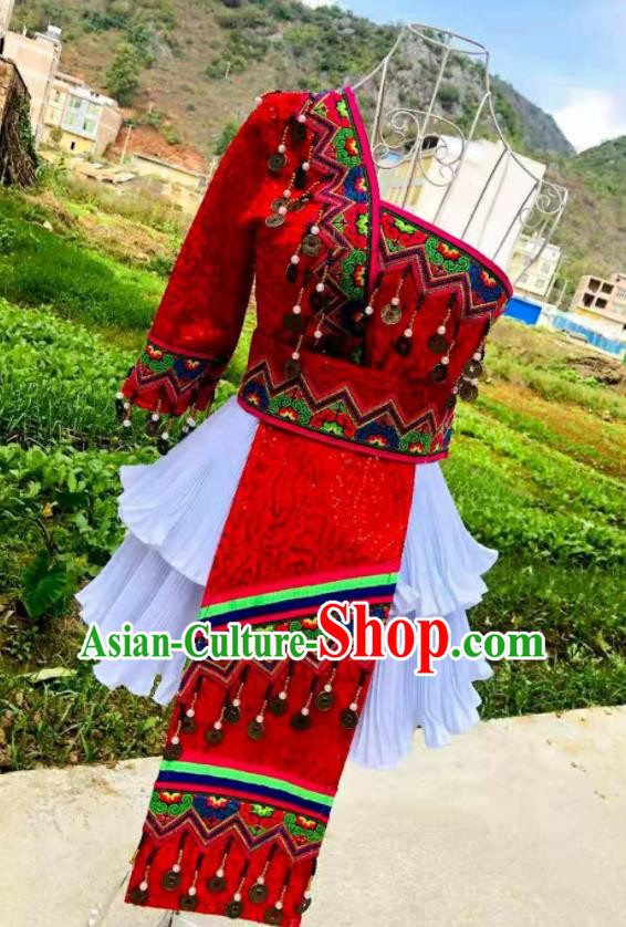 China Ethnic Performance Clothing Traditional Hmong Folk Dance Dress Outfits Yunnan Minority Garments Miao Nationality Female Costumes