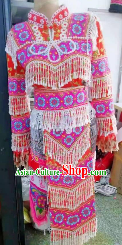China Yunnan Ethnic Wedding Clothing Traditional Hmong Dance Red Dress Outfits Guizhou Minority Bride Garments Miao Nationality Costumes