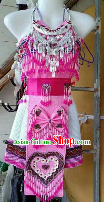 China Yunnan Minority Female Garments Miao Nationality Costumes Ethnic Performance Clothing Traditional Hmong Folk Dance Pink Dress Outfits