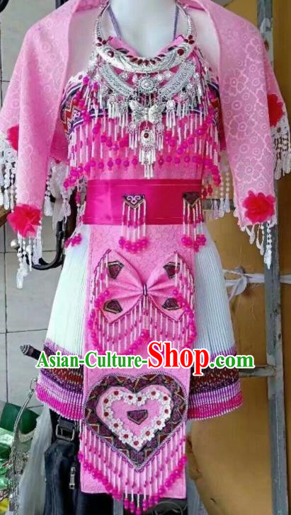 China Yunnan Minority Female Garments Miao Nationality Costumes Ethnic Performance Clothing Traditional Hmong Folk Dance Pink Dress Outfits