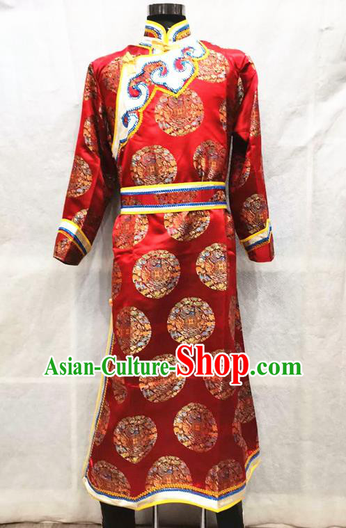 Chinese Red Satin Mongolian Robe Ethnic Wedding Costume Mongol Nationality Folk Dance Clothing