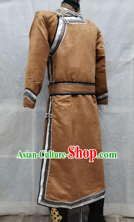 Chinese Ethnic Nadam Festival Costume Mongol Nationality Folk Dance Clothing Light Brown Suede Fabric Mongolian Robe