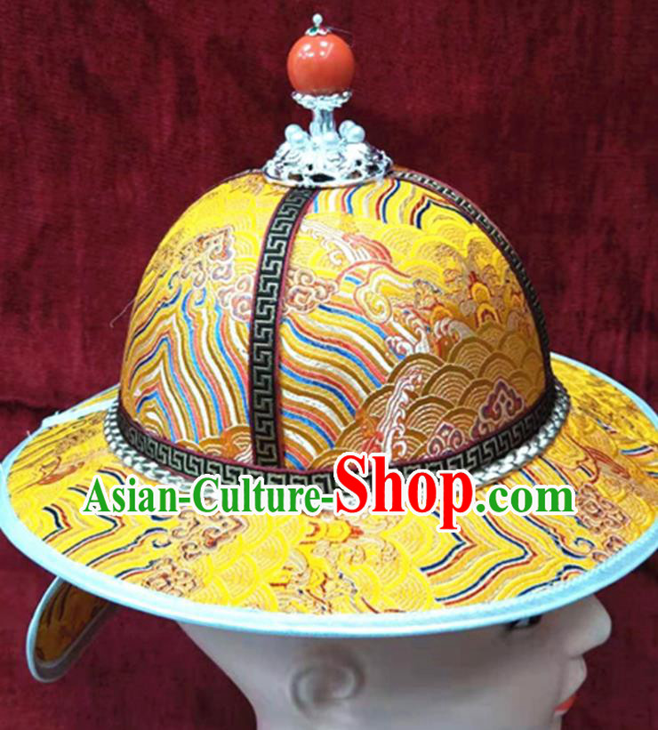 China Mongolian Nationality Boys Headdress Ancient Yuan Dynasty Prince Headwear Handmade Yellow Satin Hat