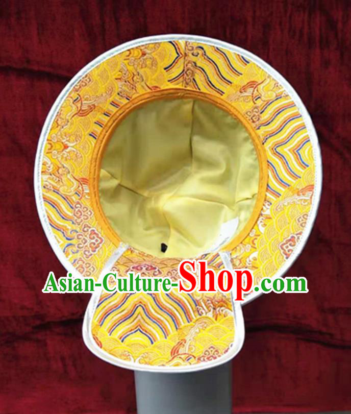 China Mongolian Nationality Boys Headdress Ancient Yuan Dynasty Prince Headwear Handmade Yellow Satin Hat