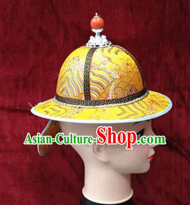 China Mongolian Nationality Boys Headdress Ancient Yuan Dynasty Prince Headwear Handmade Yellow Satin Hat
