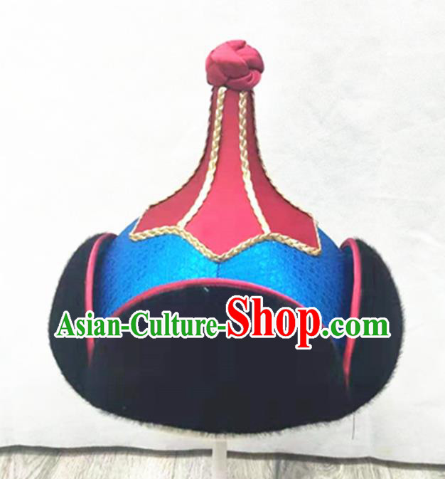 China Mongol Nationality Folk Dance Headwear Handmade Bridegroom Blue Hat Mongolian Nationality Wedding Headdress