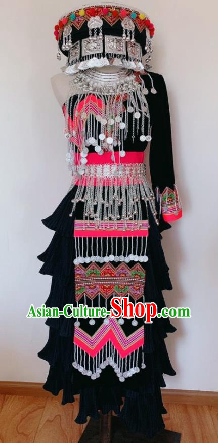 China Miao Nationality Bride Costumes Ethnic Clothing Traditional Hmong Folk Dance Black Dress Outfits Yunnan Minority Performance Garments