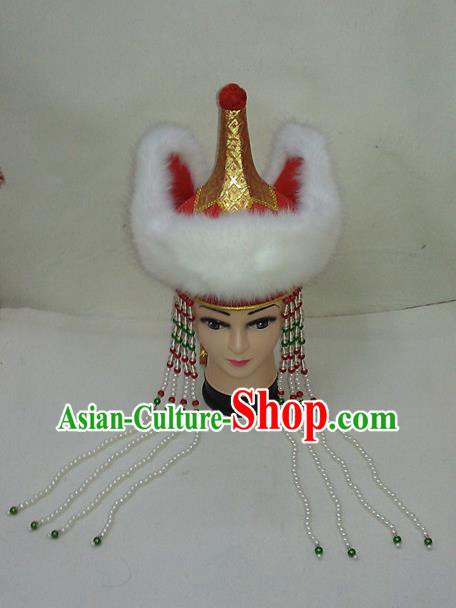 Chinese Mongol Nationality Bride Red Hat Mongolian Minority Wedding Hair Accessories Ethnic Stage Performance Headdress