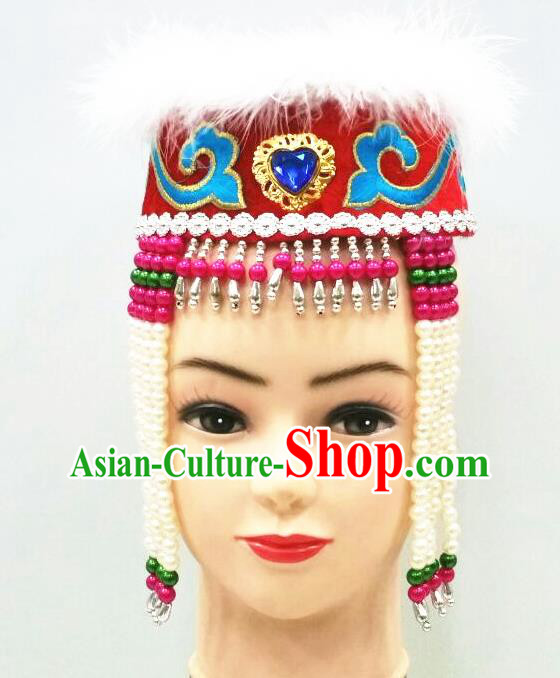 Chinese Ethnic Girl Stage Performance Headdress Mongol Nationality Children Red Hat Mongolian Minority Dance Hair Accessories