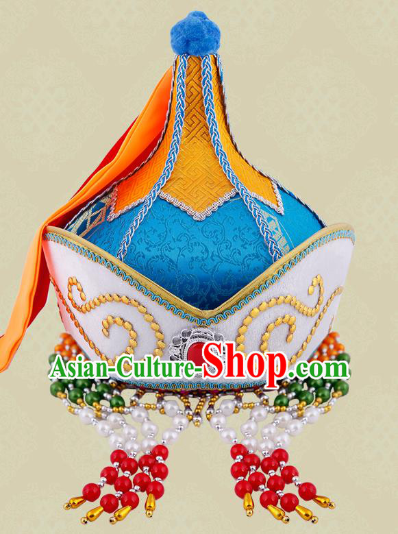 Chinese Ethnic Stage Performance Headdress Mongol Nationality Blue Satin Hat Mongolian Minority Female Hair Accessories