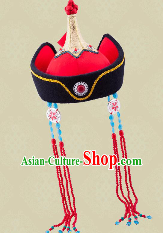 Chinese Mongolian Minority Imperial Consort Hair Accessories Ethnic Stage Performance Headdress Mongol Nationality Wedding Bride Red Hat