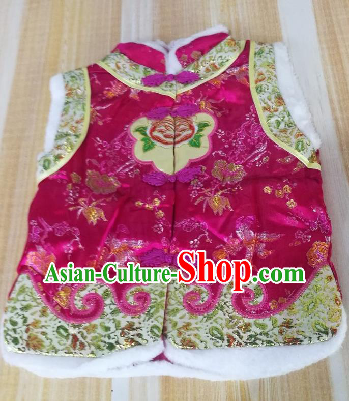Chinese Tang Suit Rosy Brocade Vest Ethnic Girl Costume Mongol Nationality Folk Dance Clothing Traditional Children Mongolian Waistcoat