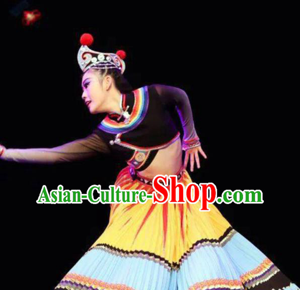 Chinese Yi Minority Dance Apparels Sichuan Nationality Woman Dance Clothing Traditional Ethnic Stage Performance Dress Outfits
