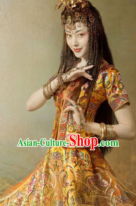 Chinese Traditional Xinjiang Ethnic Stage Performance Dress Outfits Uighur Minority Dance Apparels Uyghur Nationality Woman Dance Clothing