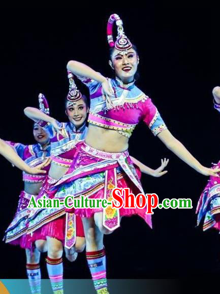 Chinese Hani Nationality Woman Clothing Traditional Ethnic Stage Performance Rosy Dress Outfits She Minority Dance Apparels