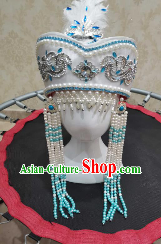 China Handmade Princess Beads Tassel White Hat Mongolian Nationality Girl Performance Headdress Mongol Nationality Children Headwear