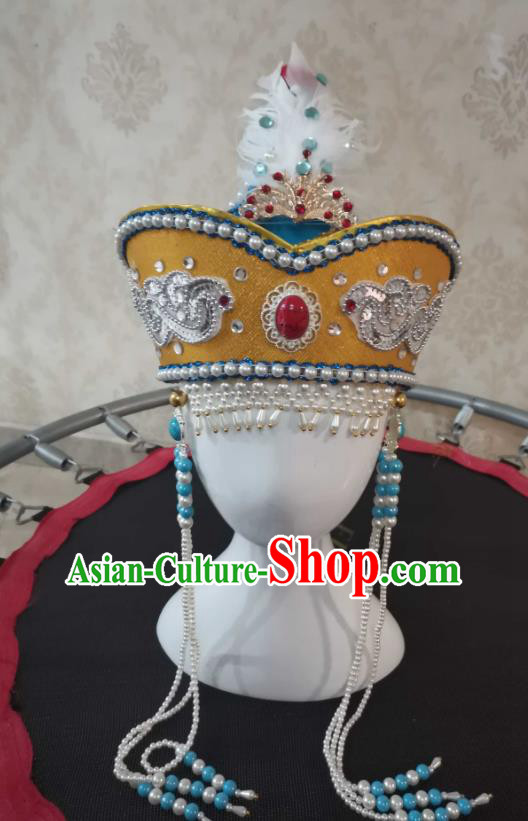China Mongolian Nationality Girl Folk Dance Headdress Mongol Nationality Children Headwear Handmade Princess Beads Tassel Yellow Hat