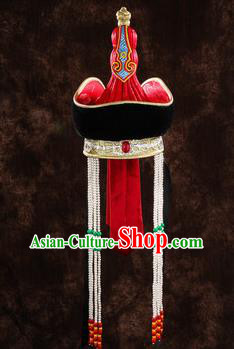 China Mongol Nationality Wedding Headwear Handmade Ethnic Bride Red Hat Mongolian Nationality Festival Headdress