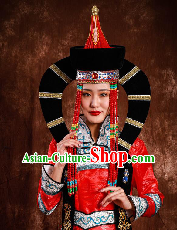 China Mongol Nationality Wedding Headwear Handmade Ethnic Bride Red Hat Mongolian Nationality Festival Headdress