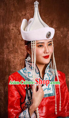 China Handmade Ethnic Bride Tassel White Hat Mongolian Nationality Festival Headdress Mongol Nationality Wedding Headwear
