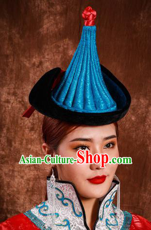China Mongol Nationality Folk Dance Headwear Handmade Ethnic Woman Winter Blue Hat Mongolian Nationality Performance Headdress