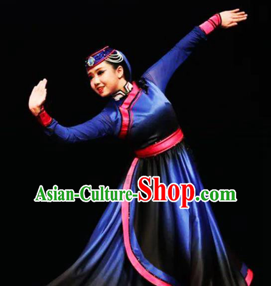 Chinese Mongolian Nationality Woman Dance Clothing Traditional Ethnic Performance Blue Dress Outfits Mongol Minority Folk Dance Apparels