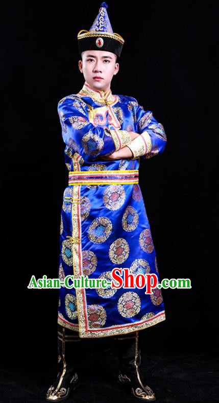 Chinese Mongol Minority Male Apparels Ethnic Festival Dance Clothing Traditional Royalblue Brocade Mongolian Robe